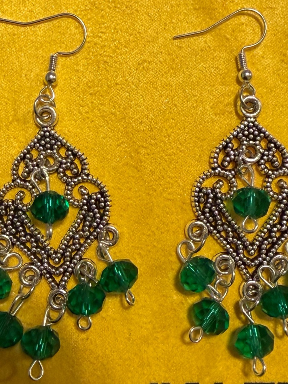 Handcrafted Silver-Tone Filigree Earrings with Emerald Green Beads